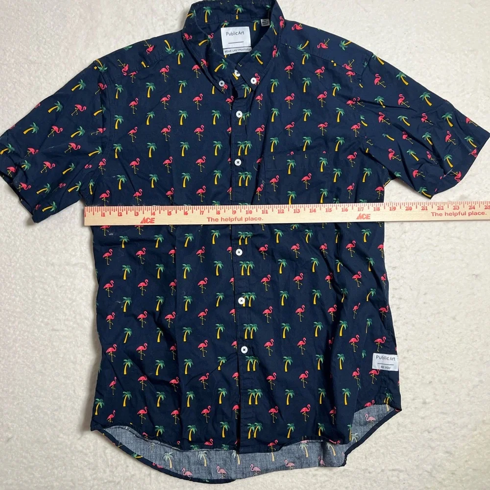Men’s Navy Short-Sleeve Flamingo Print Shirt - Picture 3 of 8